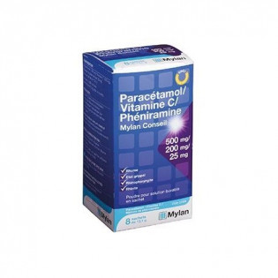 Paracétamol 500mg Vitamine C 200mg Phéniramine 25mg Mylan boîte de 8 sachets 