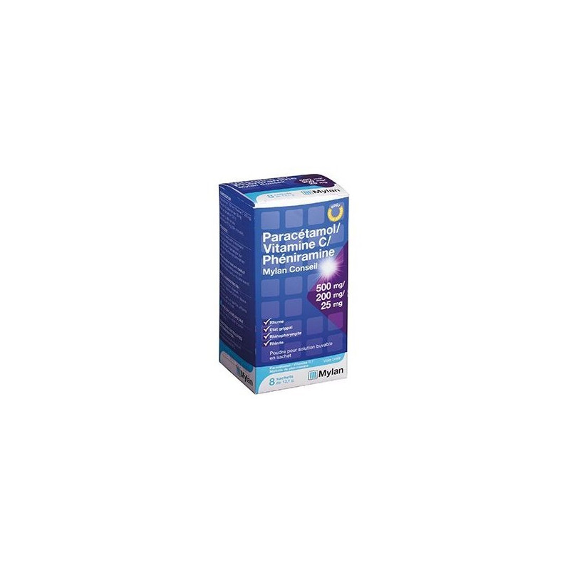 Paracétamol 500mg Vitamine C 200mg Phéniramine 25mg Mylan boîte de 8 sachets Paracétamol 500mg Vitamine C 200mg Phéniramine 25mg Mylan boîte de 8 sachets