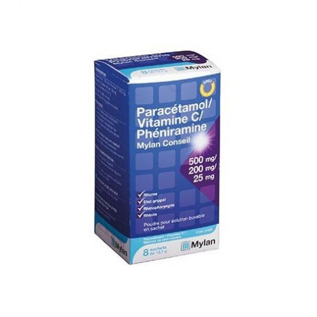 Paracetamol 500mg Vitamin C 200mg Pheniramine 25mg Mylan box of 8 sachets 