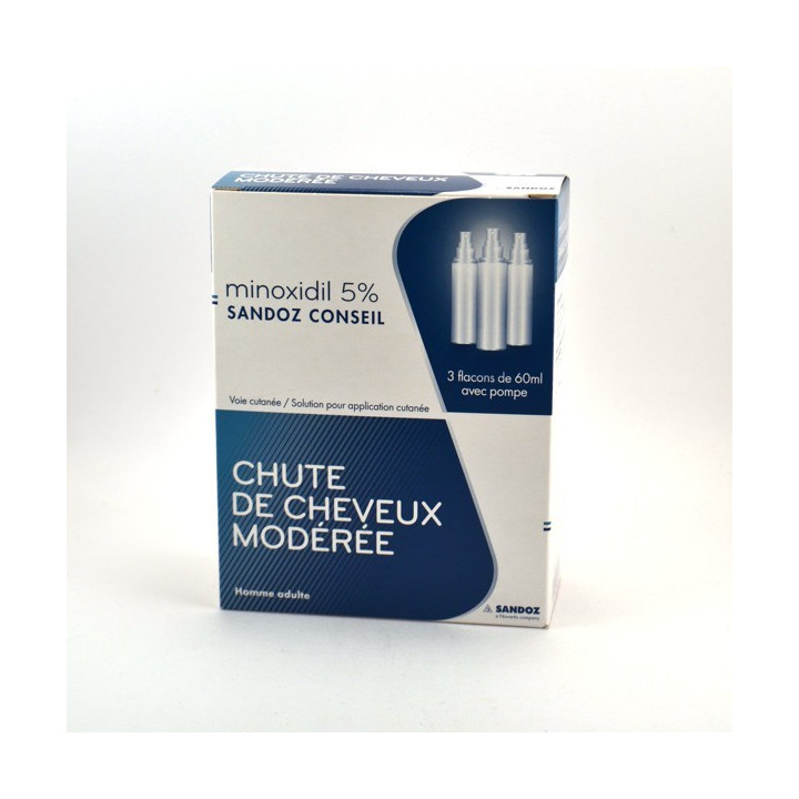 MINOXIDIL 5% SANDOZ 3 FLACONS DE 60ML AVEC POMPE