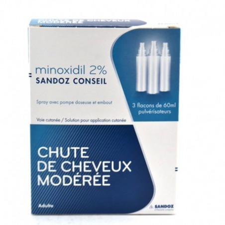 MINOXIDIL 2% SANDOZ 3 FLACONS DE 60ML PULVERISATEURS