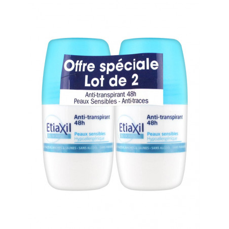 ETIAXIL ANTI TRANSPIRANT 48H PEAUX SENSIBLES ROLL ON LOT DE 2 DE 50ML 