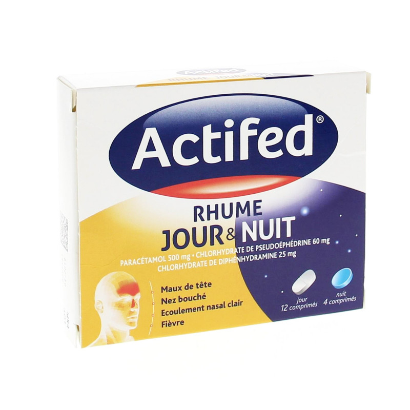 Actifed Jour et Nuit - boîte 12 cprs Jour (blanc) et 4 cprs Nuit (bleu)