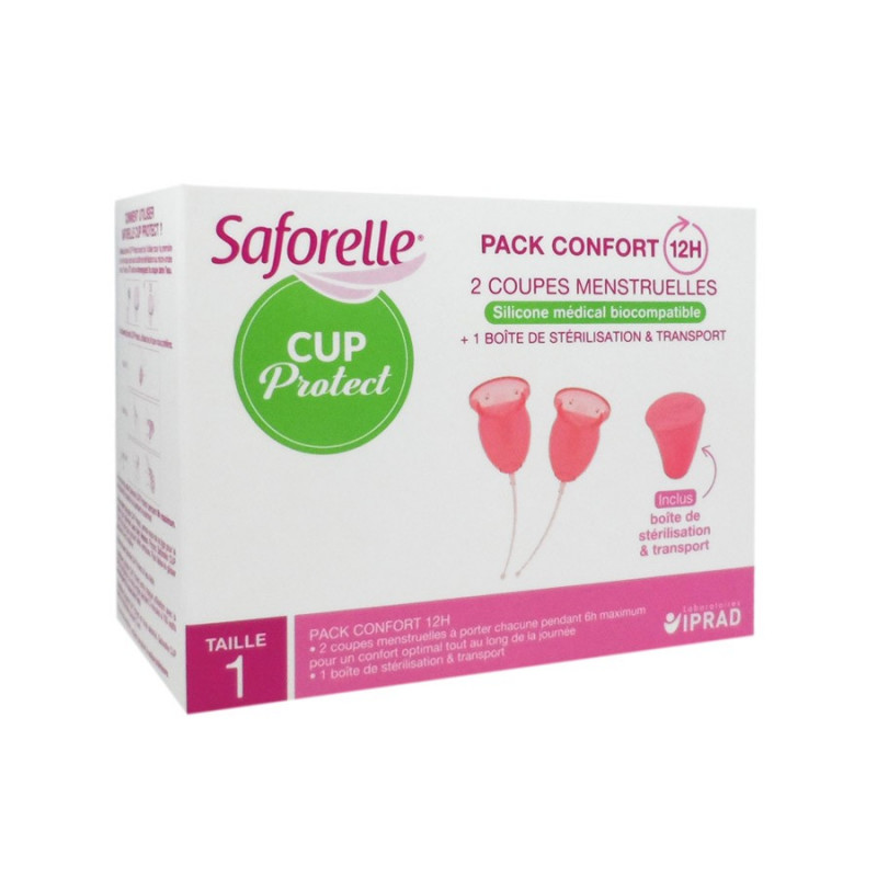 PACK CONFORT 12H 2 COUPES MENSTRUELLES + 1 BOITE DE STERILISATION ET TRANSPORT SAFORELLE TAILLE 2