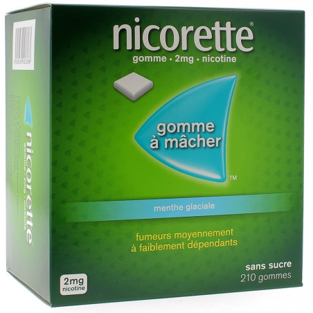 Nicorette Gomme 2mg goût Menthe Glaciale sans sucre par 210