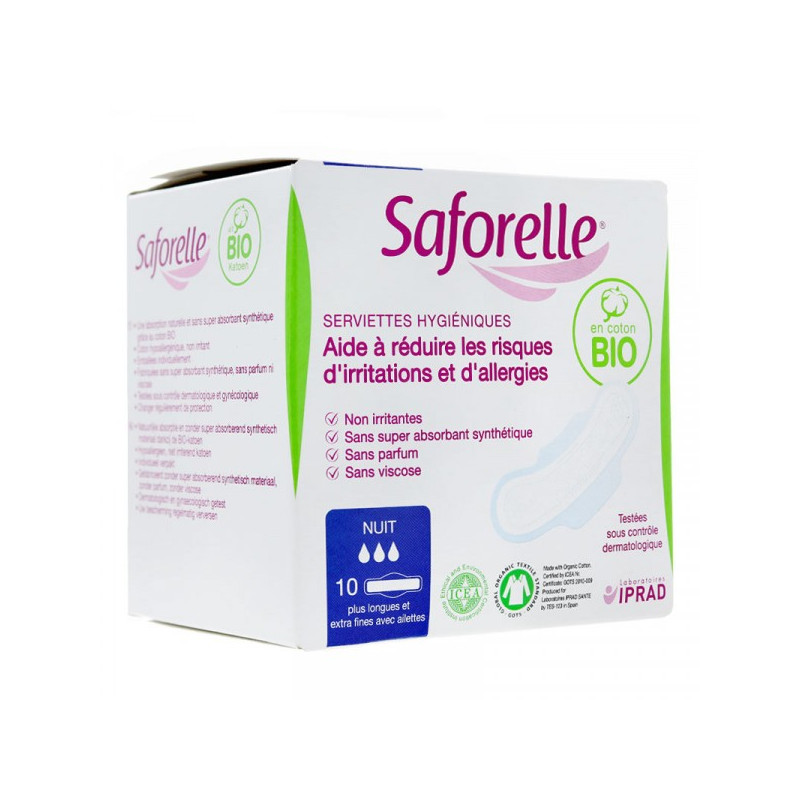 SAFORELLE 10 SERVIETTES HYGIENIQUES AVEC AILETTES COTON BIO NUIT