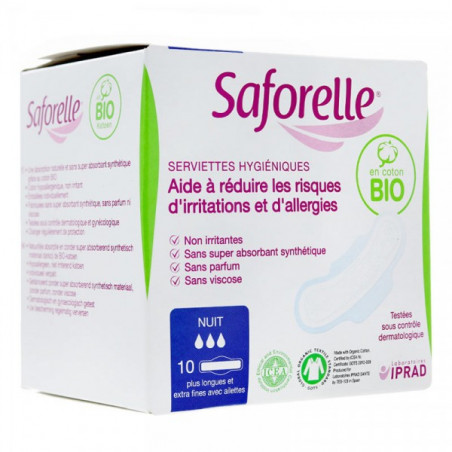 SAFORELLE 10 SERVIETTES HYGIENIQUES AVEC AILETTES COTON BIO NUIT