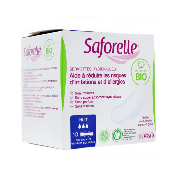 SAFORELLE 10 SERVIETTES HYGIENIQUES AVEC AILETTES COTON BIO NUIT