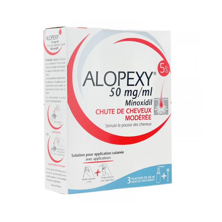 Alopexy 5% spray 3 flacons de 60 ml médicament sans ordonnance pour lutter contre la chute de cheveux