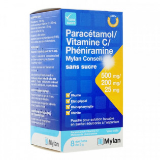 Paracétamol 500mg Vitamine C 200mg Phéniramine 25mg Mylan boîte de 8 sachets 