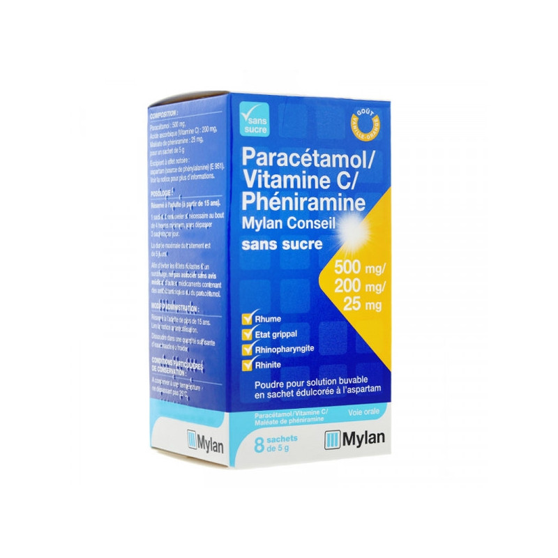 Paracetamol 500mg Vitamin C 200mg Pheniramine 25mg Mylan box of 8 sachets Paracetamol 500mg Vitamin C 200mg Pheniramine 25mg Mylan box of 8 sachets