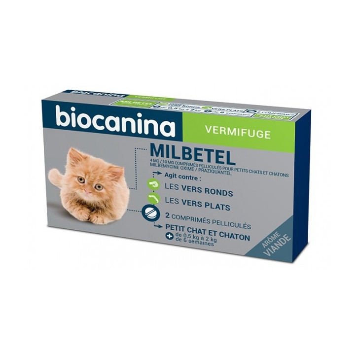 BIOCANINA VERMIFUGE MILBETEL PETIT CHAT ET CHATON 2 COMPRIMES 