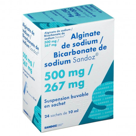 Alginate de sodium 500 mg/ Bicarbonate de Sodium 267 mg 24 sachets de 10 ml Sandoz