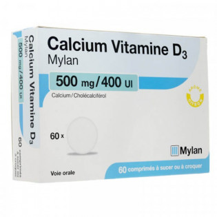 Calcium Vitamine D3 500 mg/400 UI 60 comprimés à sucer ou à croquer Mylan