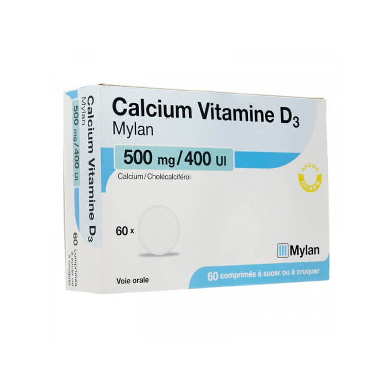 Calcium Vitamine D3 500 mg/400 UI 60 comprimés à sucer ou à croquer Mylan