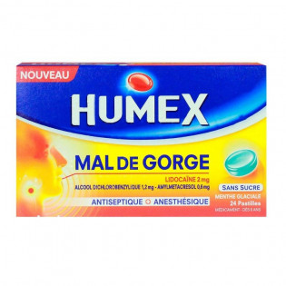 Humex - Mal de Gorge - Sans Sucre Menthe Glaciale  24 Pastilles