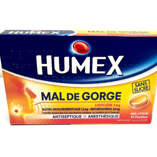 Humex Mal de Gorge sans sucre 24 Pastilles Miel Citron