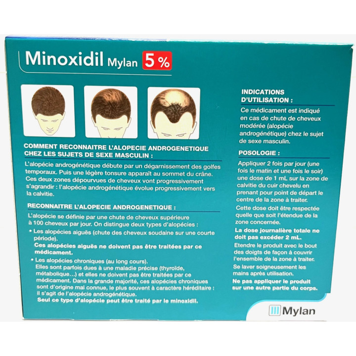 Minoxidil Mylan 5 % - 3 flacons de 60 ml chute de cheveux