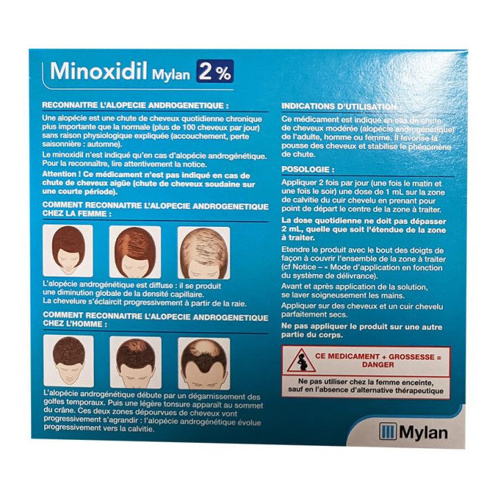 Minoxidil Mylan 2% - 3 flacons de 60 ml chute de cheveux