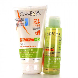 A-Derma Protect AD Crème solaire SPF 50+ avec gel lavant exomega Offert