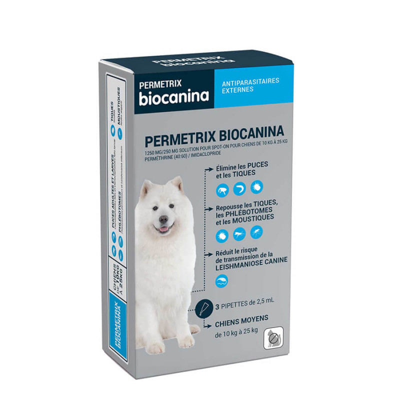 Biocanina Permetrix 1250 mg/250 mg solution pour spot-on pour chiens de 10 kg a 25 kg