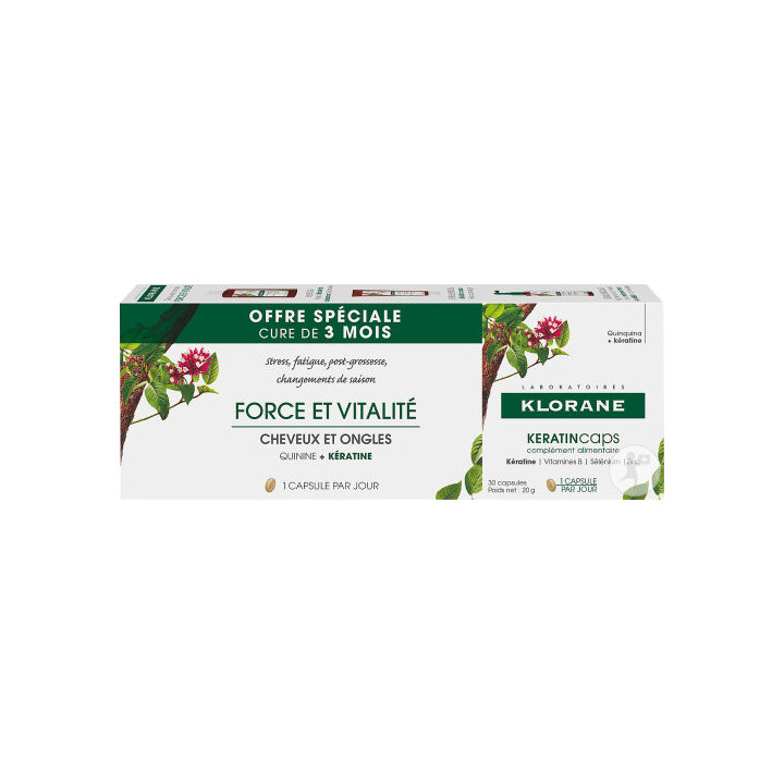 KLORANE KERATINcaps. Batch of 3 boxes of 30 capsules including 1 FREE