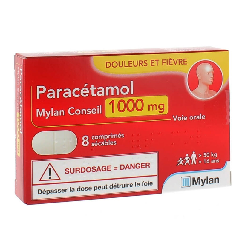 Paracétamol 1000 mg douleurs et fièvre Mylan 8 comprimés sécables