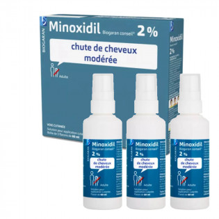 Biogaran Minoxidil 2% Solution Chute de Cheveux Modérée 3 flacons 60 ml 3400930240083
