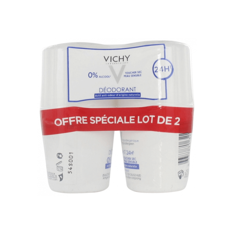 Vichy Déodorant 24H Toucher Sec Peau Sensible Roll-On Lot de 2 x 50 ml