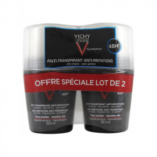 Vichy Homme Déodorant Anti-Transpirant Anti-Irritations 48H Roll-On Lot de 2 x 50 ml 3433425000657