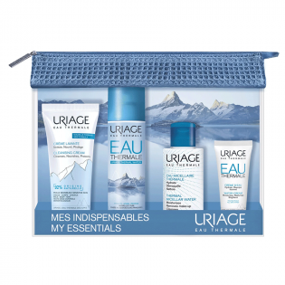Uriage travel body care kit with kit, cleansing cream, thermal water, thermal micellar water, water cream