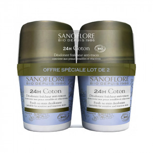 Sanoflore 24H Coton Déodorant Fraîcheur Anti-Traces Roll-On Bio Lot de 2 x 50 ml 3337875729963