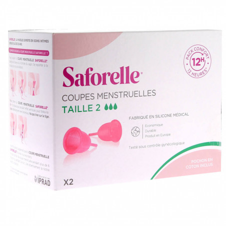 PACK CONFORT 12H 2 COUPES MENSTRUELLES + 1 BOITE DE STERILISATION ET TRANSPORT SAFORELLE TAILLE 2