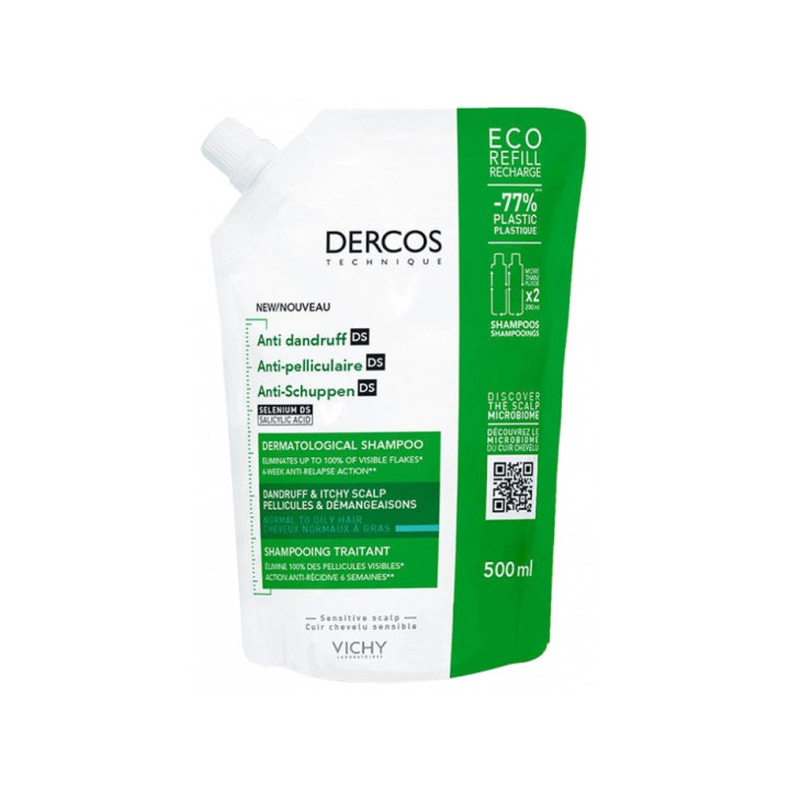 Vichy Dercos Shampoing Traitant Anti-Pelliculaire Cheveux Normaux à Gras Eco Recharge 500 ml
