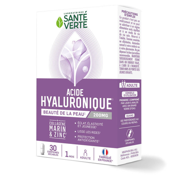 Santé Verte Acide Hyaluronique 200 mg Collagène marin 250 mg. 30 comprimés 3700695220642