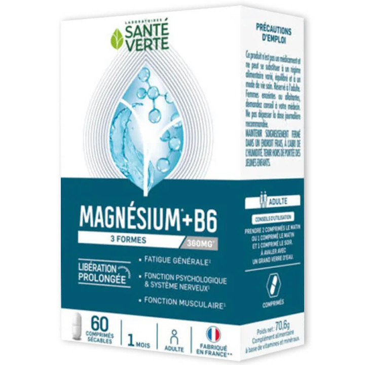 Sante Verte Magnésium + B6 3 Formes 360 mg Libération Prolongée 60 Comprimés Sécables 3700695203553