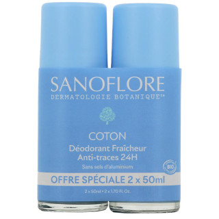 Sanoflore 24H Coton Déodorant Fraîcheur Anti-Traces Roll-On Bio Lot de 2 x 50 ml 3701673203770
