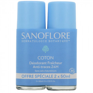 Sanoflore 24H Coton Déodorant Fraîcheur Anti-Traces Roll-On Bio Lot de 2 x 50 ml 3701673203770