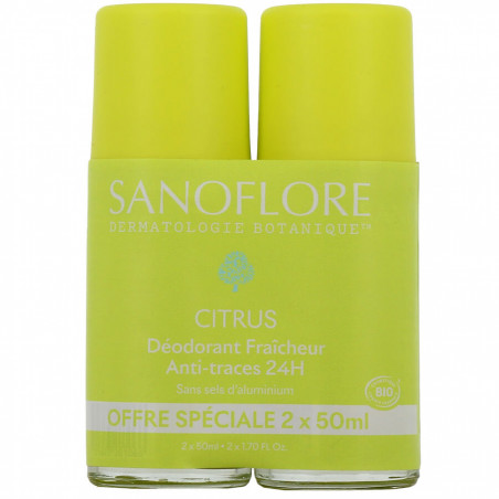 Sanoflore 24H Citrus Déodorant Fraîcheur Anti-Traces Roll-On Bio Lot 2 x 50 ml 3701673203817