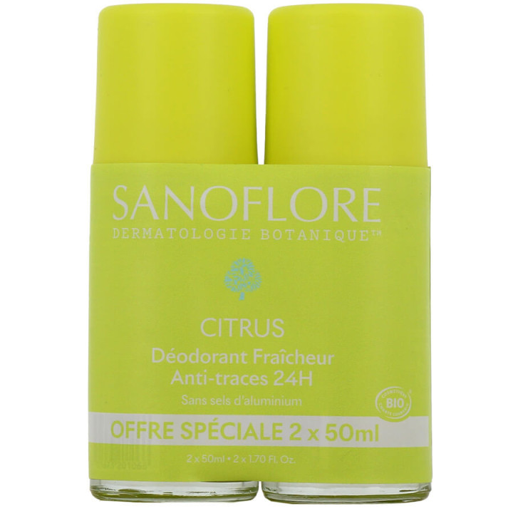 Sanoflore 24H Citrus Déodorant Fraîcheur Anti-Traces Roll-On Bio Lot 2 x 50 ml 3701673203817
