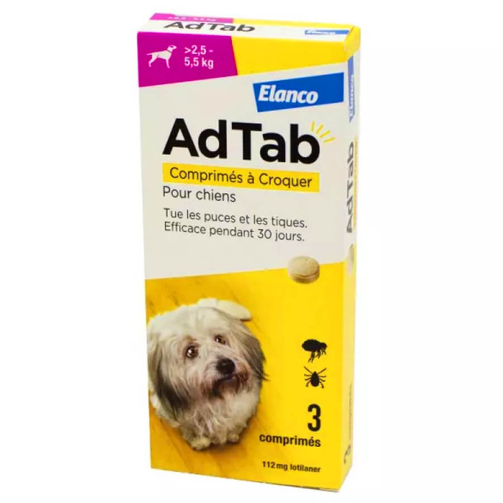 Lotilaner AdTab 112mg Internal Antiparasitic Dog 2.5 to 5.5 kg 3 Chewable Tablets