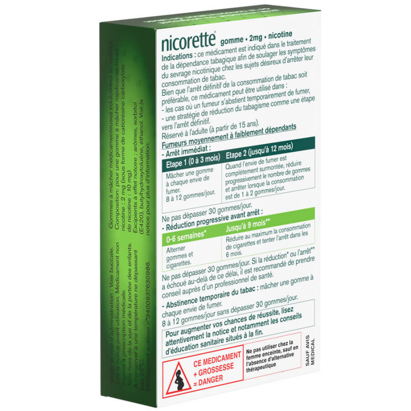 Nicorette Gomme 2mg goût original sans sucre par 30 3400937630986 back