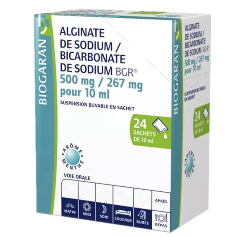 Alginate de sodium Bicarbonate de sodium Suspension buvable en sachet Menthe 24 sachets 10 ml Biogaran 3400930026946