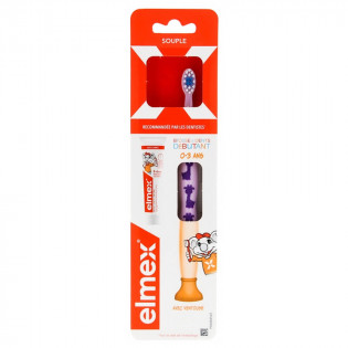 Elmex Brosse à Dents Souple Débutant 0-3 Ans (violet) + Mini-Dentifrice Anti-Caries 0-6 Ans 12 ml
