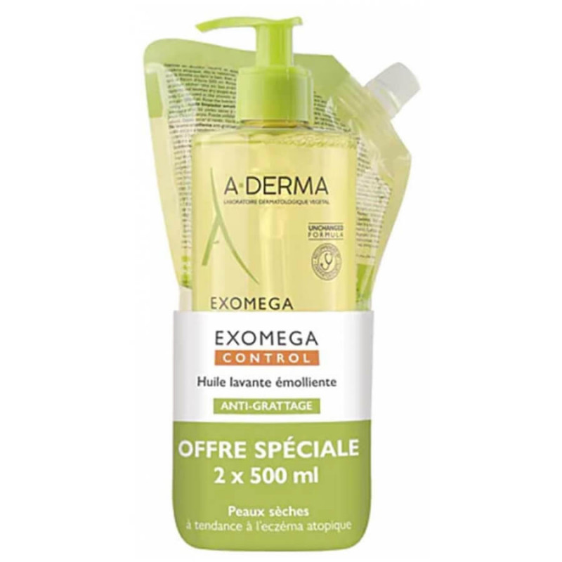 A-DERMA Exomega Control Huile Lavante Émolliente Anti-Grattage 500 ml + Recharge 500 ml 3282770400182