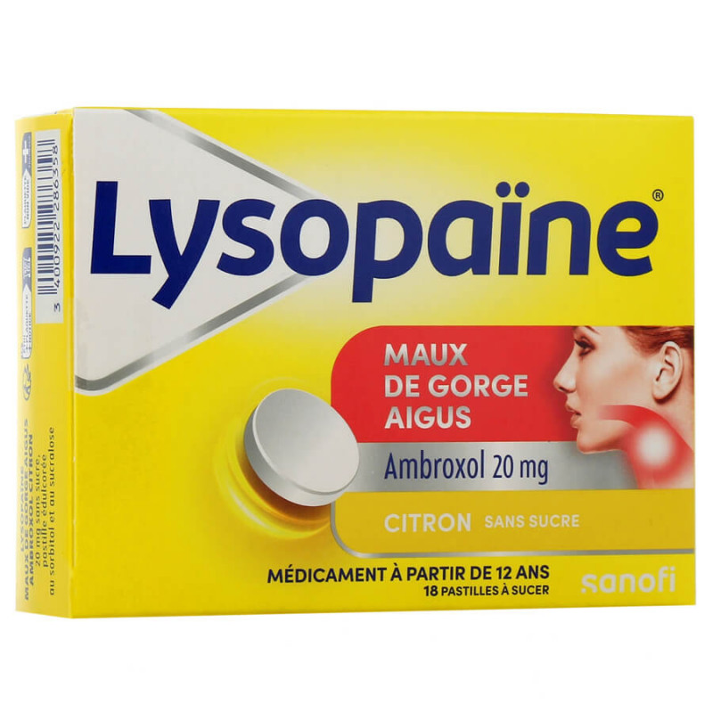 Lysopaine Ambroxol 20mg citron 18 pastilles sans sucre 3400922286358