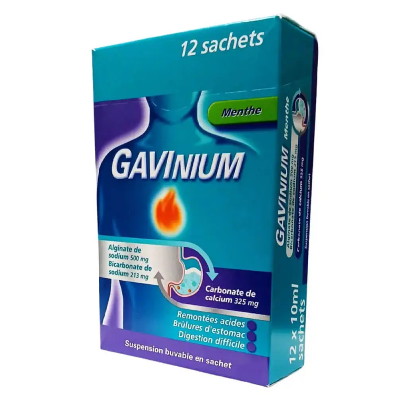 Gavinium Suspension Buvable Remontées Acides et Brûlures d'Estomac 12 Sachets Menthe 3400930319093