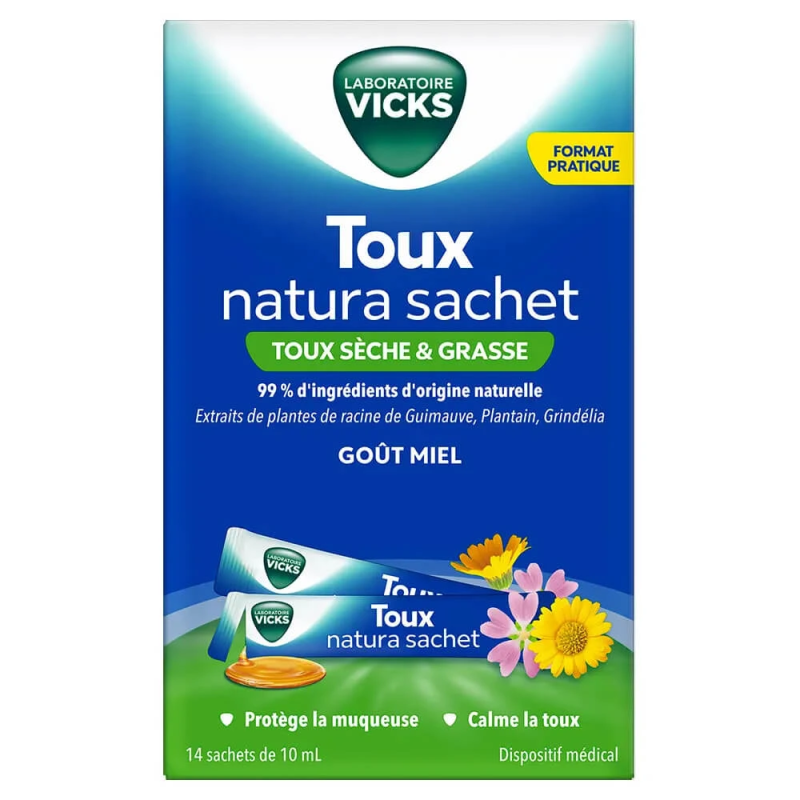Vicks Toux Natura Adulte Sachet 14 sachets 10 ml toux sèche et grasse 8006530304399