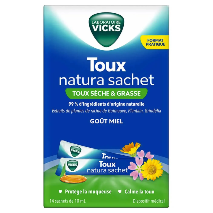 Vicks Toux Natura Adulte Sachet 14 sachets 10 ml toux sèche et grasse 8006530304399