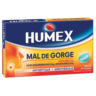 Humex Mal de Gorge Lidocaïne Menthe 24 Pastilles 3400930039625